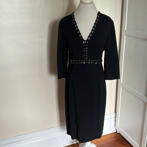 Michael Kors Collection Elegant Black V-Neck Dress with Silver Gromet Detail 12 - Picture 2 of 9